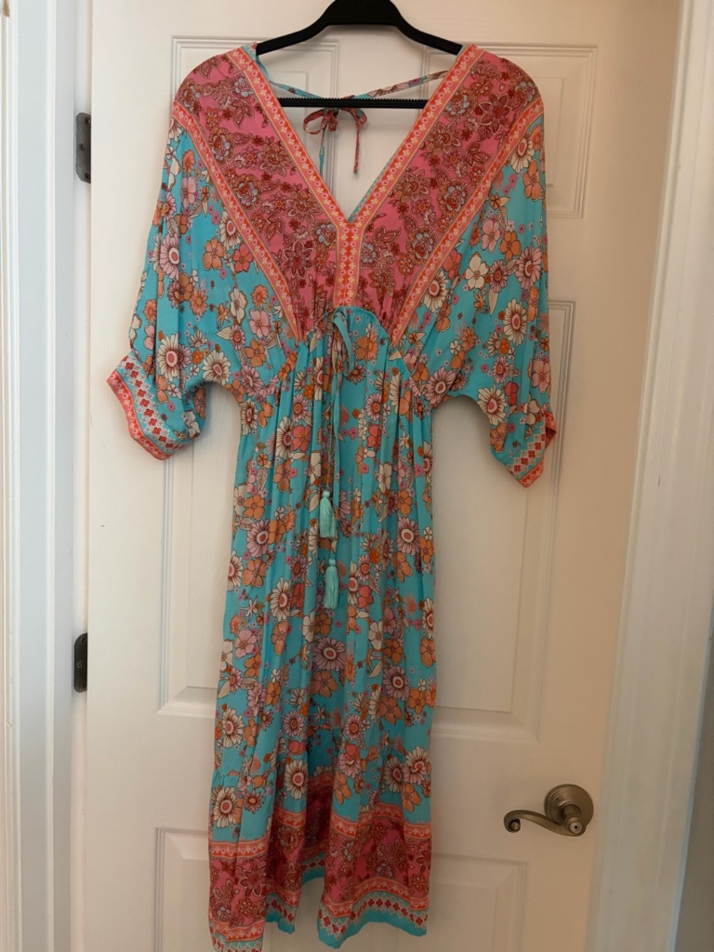 Boho Turquoise and Pink Floral Maxi Dress with V-Neck
